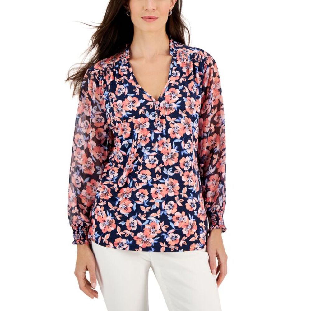 Charter Club Petite Long-Sleeve Bloom Floral Smocked Top